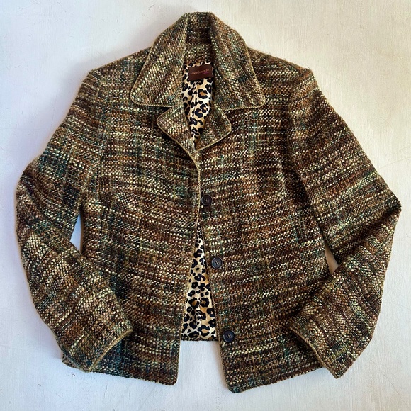 Anne Dee Goldin Green Gold Wool Tweed Blazer Jacket - Picture 2 of 9